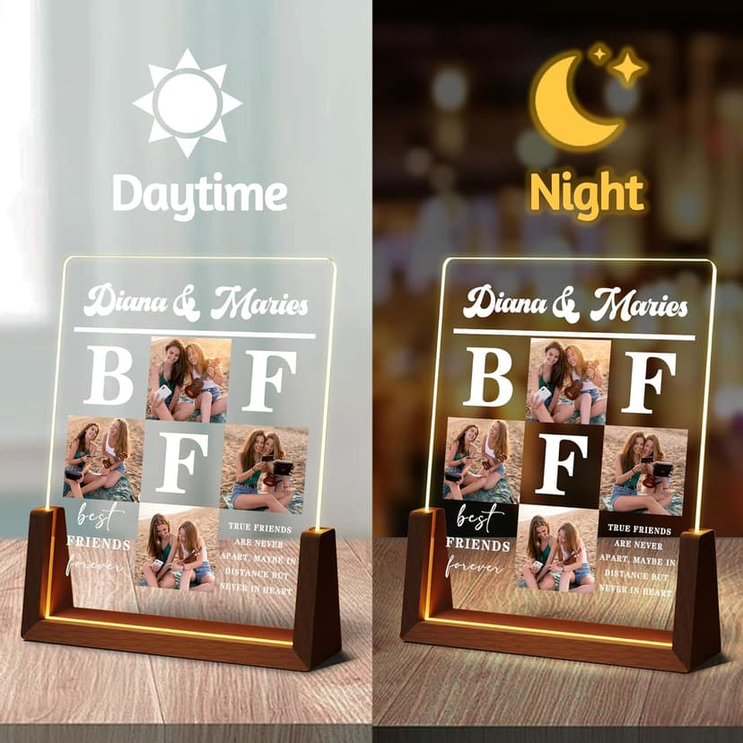 Personalized Best Friend Birthday Gifts for Women, Unique Friendship Gifts, Custom Acrylic Night Light Friend Picture Frame with Photo Name, Long Distance BFF Sister Bestie Christmas Gift