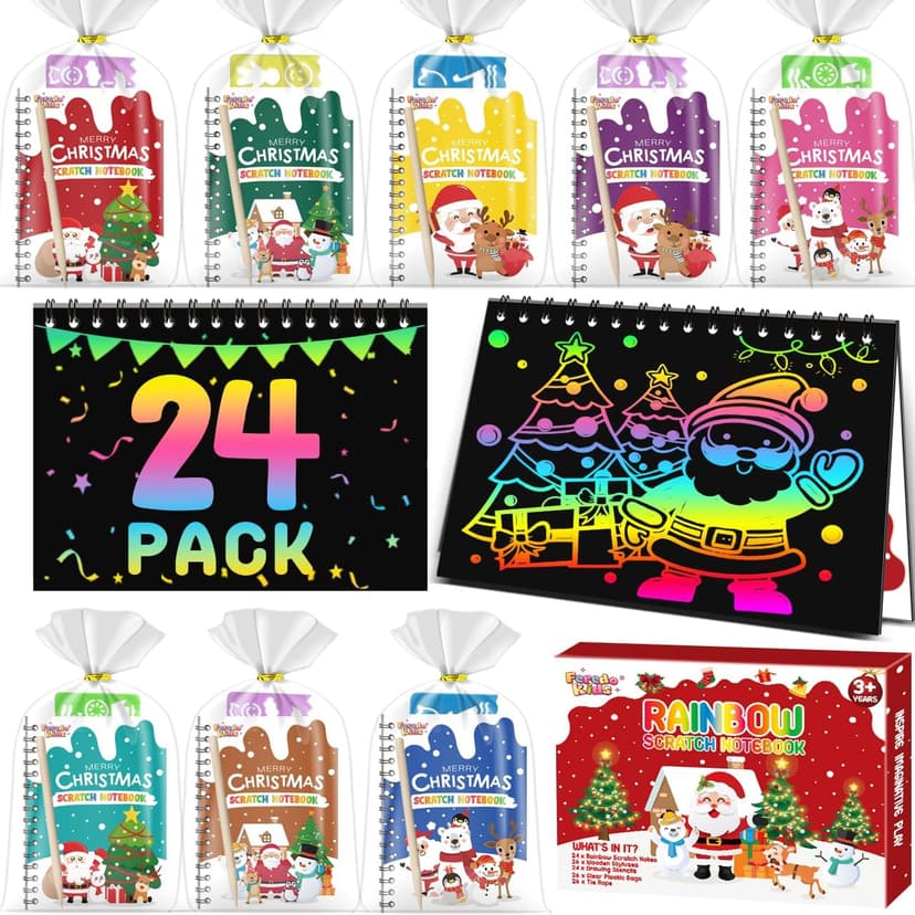 Party Favors for Kids: 24 Pack Christmas Rainbow Scratch Art Notebook Classroom School Supplies Bulk for Girls Boys Goodie Bags Stuffers, Return Gifts for Birthday Party Gift Kid Crafts