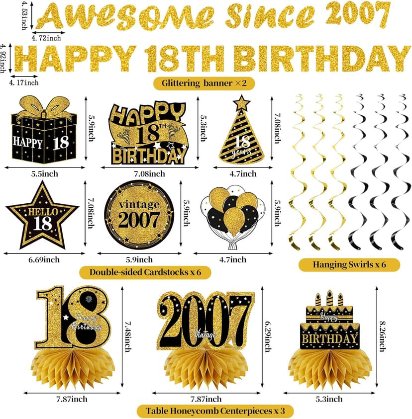 11Pcs 18th Birthday Decorations Kit for Men Women, Black Gold Happy 18th Birthday Banner, Awesome Since 2007 Centerpieces Swirls Party Supplies, Eighteen Bday Banner Ceiling Table Topper Sign