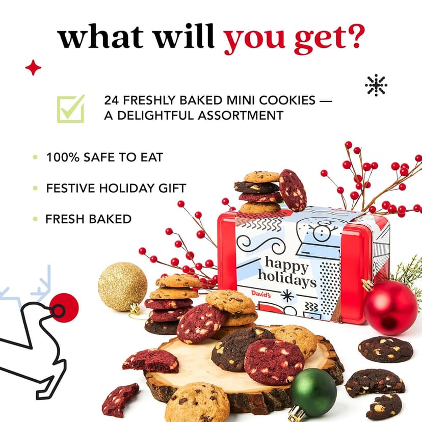David's Cookies Happy Holidays Mini Cookies in Sweet Sampler Tin - Assorted Mini Christmas Cookies with Chocolate & White Chocolate Chip and Red Velvet - Gourmet Cookie Gift Basket for Christmas 14oz