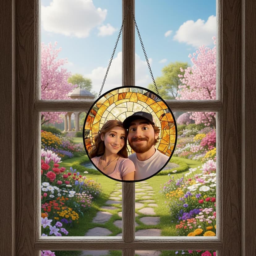 Personalized Couple Glass Cartoon Portrait Suncatcher, Custom Photo Art Window Hanging, Stained Glass Style Gift for Couples, Anniversary Wedding Gift for Valentine