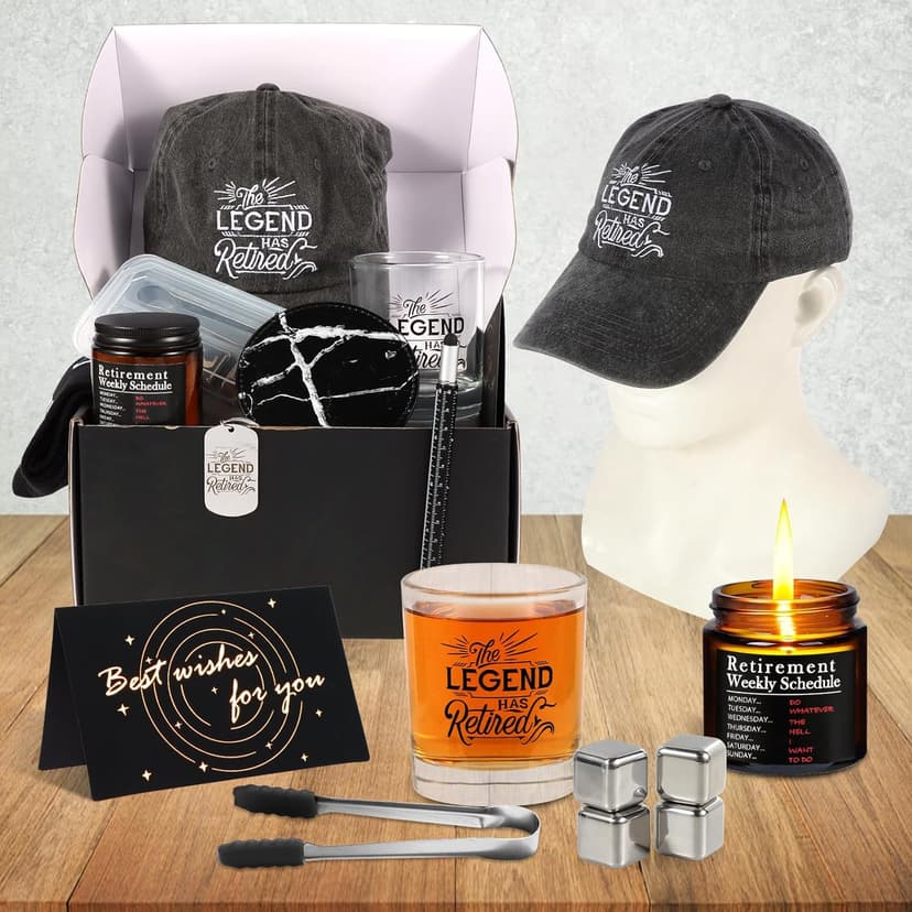 Kolewo4ever 14 Pcs Retirement Gifts for Men Christmas Gifts for Dad 2025 Happy Retired Gift Basket for Coworker, Teachers, Dad, Grandpa Best Retirement Gift Box with Whisky Set Baseball Cap Socks