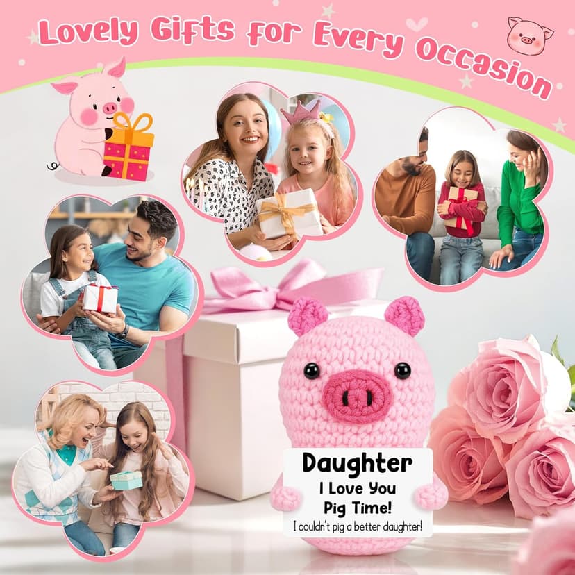 Funny Positive Pig Gifts for Daughter Birthday Christmas, Handmade Crochet Emotional Inspirational Pink Pig for Daughter Teens Adult, Daughter Gifts for Birthday Graduation Christmas Cute Decor