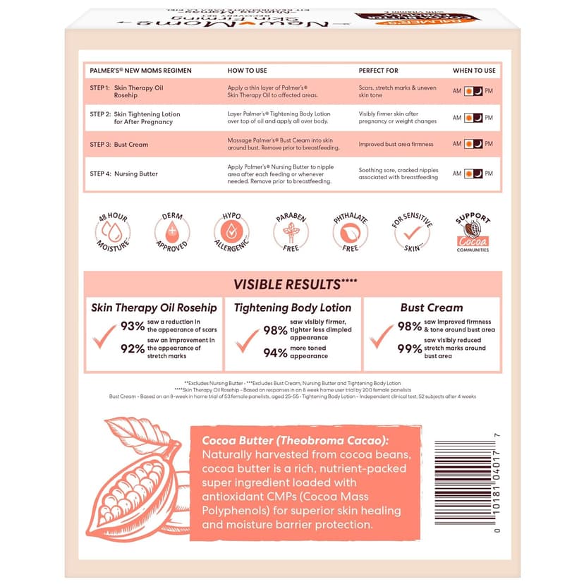 Palmer's Cocoa Butter Formula New Moms Skin Recovery Postpartum Essentials, Body Lotion (8.5 oz) + Nursing Butter (1.1 oz) + Bust Cream (4.4 oz) + Skin Therapy Oil (2 oz), Dermatologist Approved