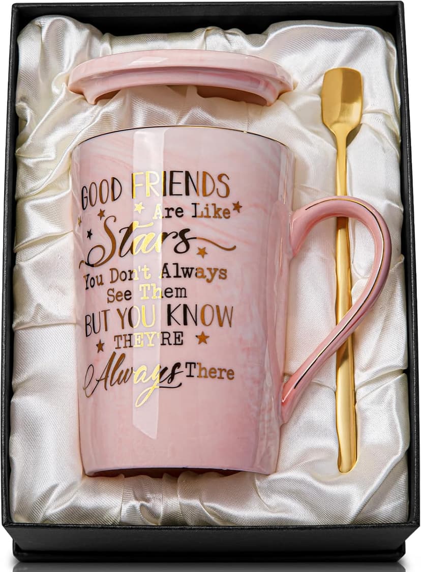Best Friend Birthday Gifts for Women, Friendship Gifts for Women, Unique Birthday Gift Ideas for Her, Friends Female, Besties, BFF Ceramic Marble Coffee Mug Gift Box Printed Gold 14 oz