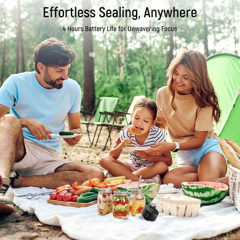 Upgraded 3-in-1 Electric Mason Jar Vacuum Sealer Kit for Jars, Bags, Food Savers & Containers | Auto-Stop Jar Sealer with 4-Hours Battery Life & One-Handed Operation for Dry Foods, Jams & Leftovers​