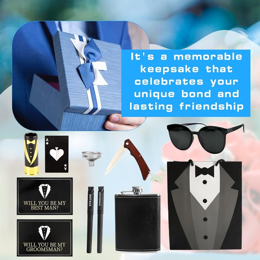 10 Set Groomsmen Gifts Proposal Wedding Groomsmen Gift Set Includes Flask Funnel Wine Glass Card Bottle Opener Gift Bag Sunglasses Knife Pen for Wedding Party Present