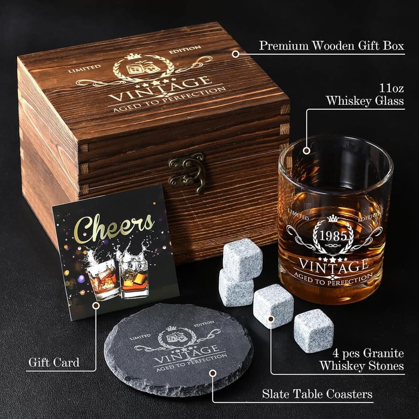 40th Birthday Gifts for Men Whiskey Glass Set - 40th Birthday Decorations, Party Supplies - 40 Year Anniversary, Bday Gifts Ideas for Him, Dad, Husband, Friends - Wood Box & Whiskey Stones & Coaster