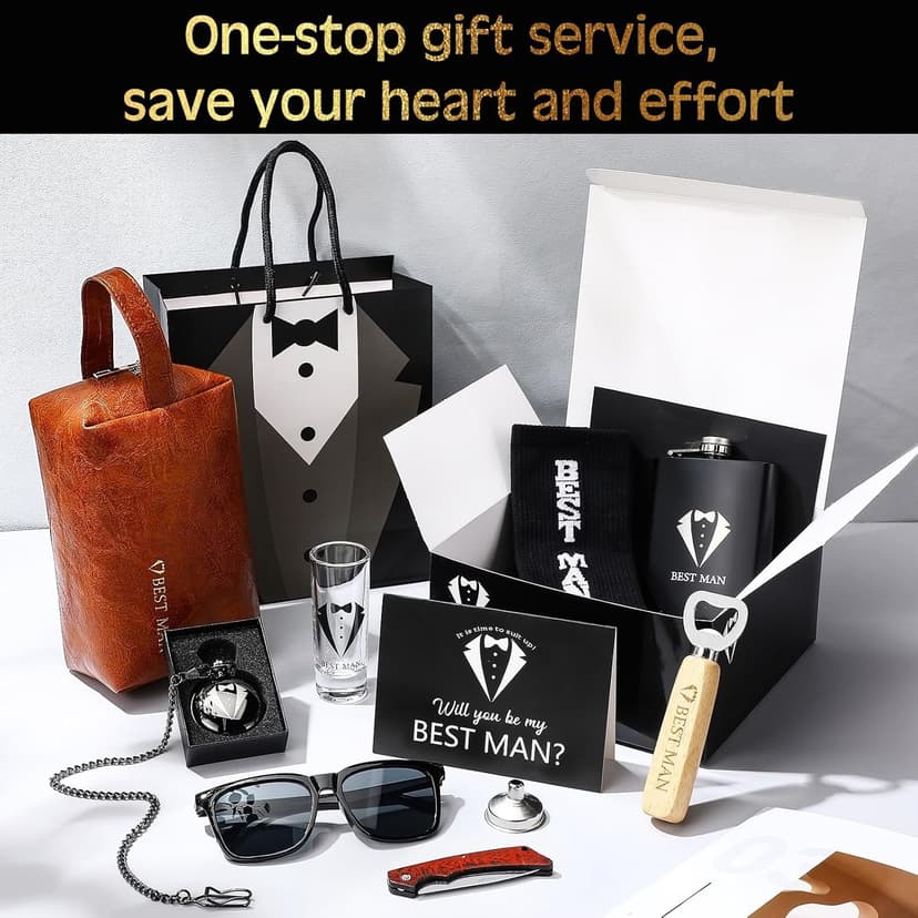 13 Pcs Best Man Proposal Gift Set Stainless Steel Flask Box Bag Shot Glass Bottle Opener Pocket Watch Sunglasses Knife Sock Card Toiletry Bag for Wedding