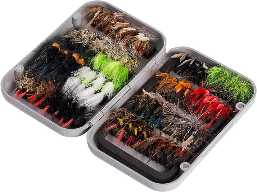 BASSDASH Fly Fishing Assorted Flies Kit, Pack of 64 pcs Including Dry and Wet Flies, Nymphs, Streamers, Terrestrials, Leeches and More, with Magnetic Fly Box