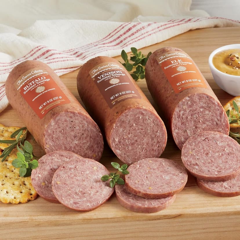 The Swiss Colony Wild Game Sausages – Elk, Buffalo, and Venison Meat with Pork and Beef Blend, Hardwood Smoked Summer Sausage Gift Basket for Adults and Men, Charcuterie Food Item, 1 lb. 8 oz.