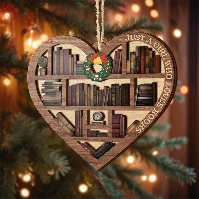 V VIBEPY All Over Printed, Book Lovers Ornaments, Bookshelf Heart Christmas Book Ornament 3.2"x3.5" 2 Layer, Gift for Girl Book Lovers, Gift Idea for Christmas