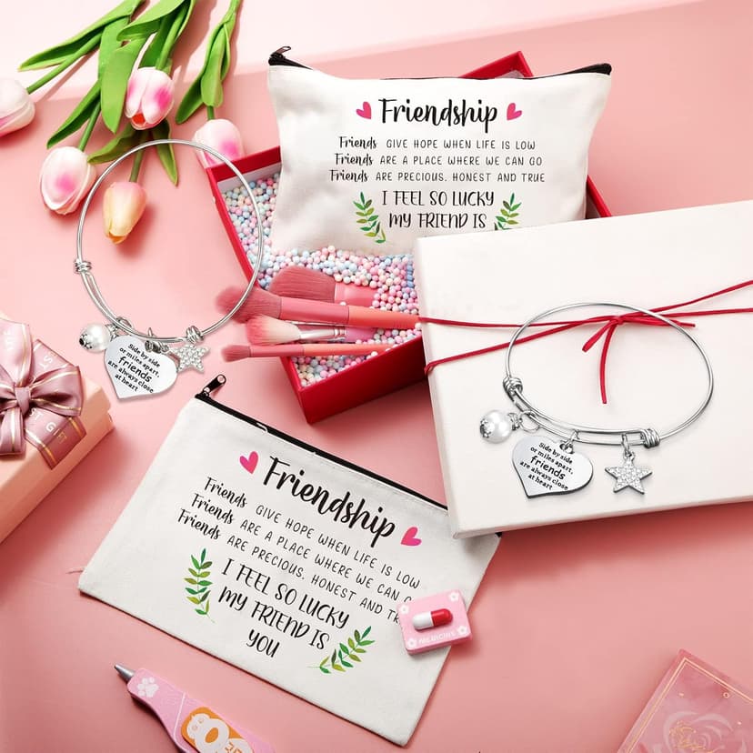 Kenning 12 Pieces Christmas Friends Gifts for Women Friendships Makeup Bag Adjustable Bangle Friendship Bracelet Long Distance Friendship Birthday Gifts for Graduation Family Sister(Classic)