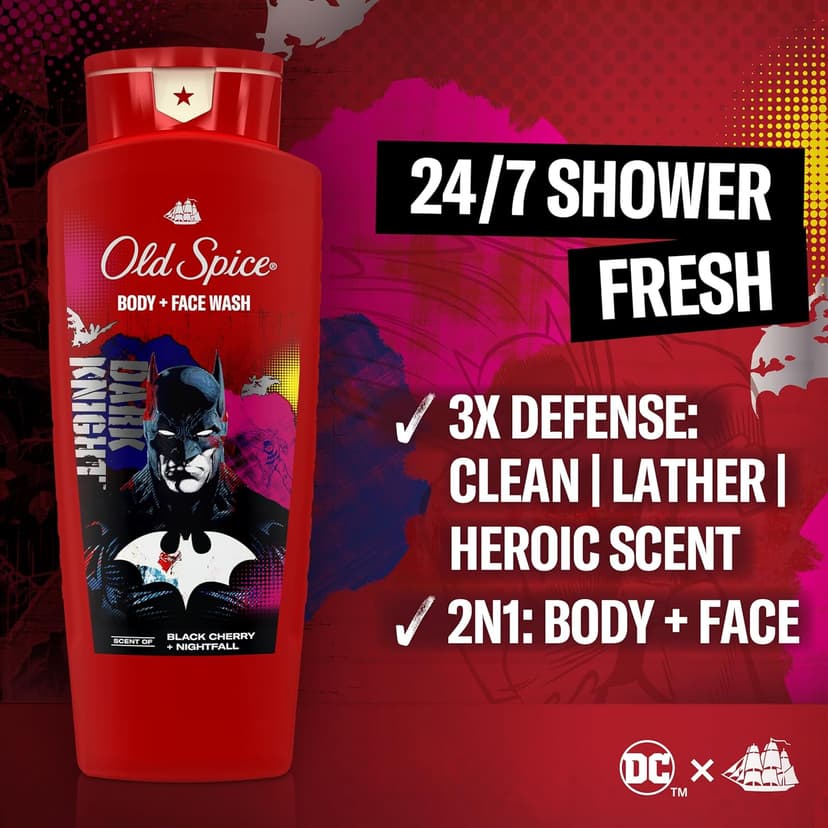 Old Spice Body Wash for Men, Batman: Dark Night, 3X Defense, 24/7 Shower Fresh with Lasting Scent, Cleansing 2-in-1 Body & Face Wash, Smell Like a Hero, Black Cherry and Nightfall Scent, 24 oz