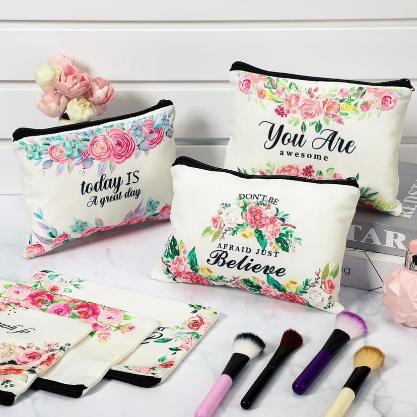 Pinkunn 16 Pcs Canvas Makeup Bags Bulk Inspirational Gift Quotes Cosmetic Bags with Zipper Encouragement Travel Toiletry Pouch Appreciation Gift for Women Girls Birthday Party Favors(Flower)