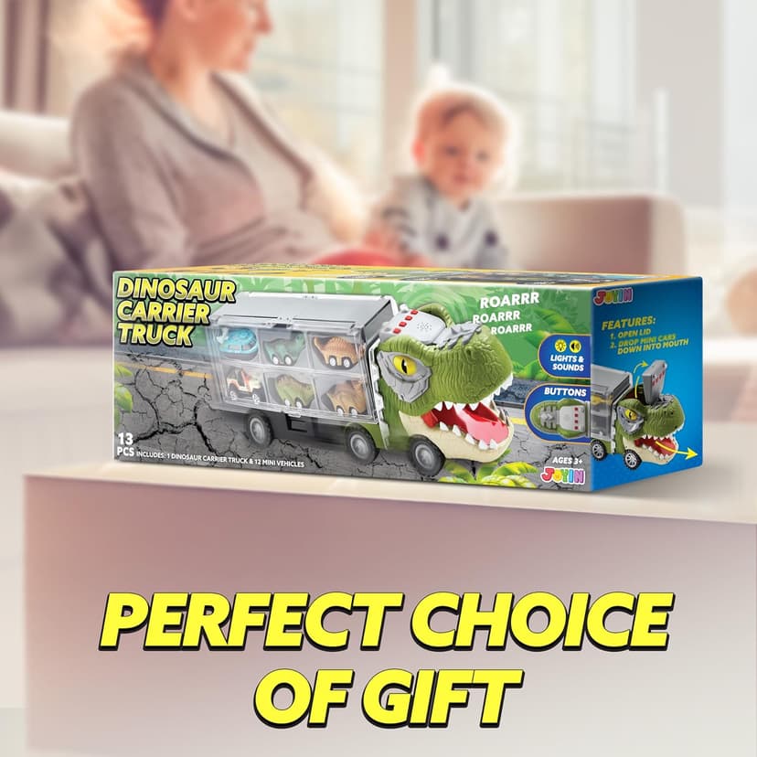 JOYIN 13 in 1 Dinosaur Toys for Kids 3-5, Dinosaur Truck with 12 Pull Back Cars, Birthday Gifts Toys for 3 4 5+ Year Old Boy, Transport Carrier Truck for Toddlers, Christmas Great Gifts for Grandkids