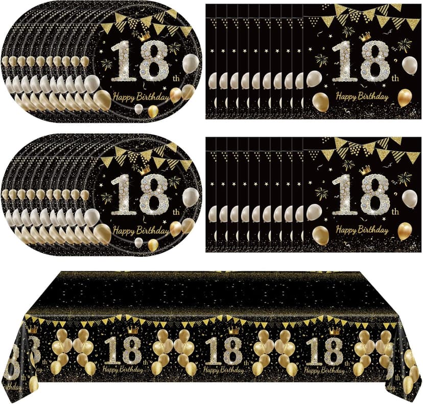 41Pcs 18th Birthday Decorations for Boy Girls, Black Gold 18 Year Old Happy Birthday Girl Decorations include Plates Napkins Tablecloth for Official Teenager 18th Birth Party