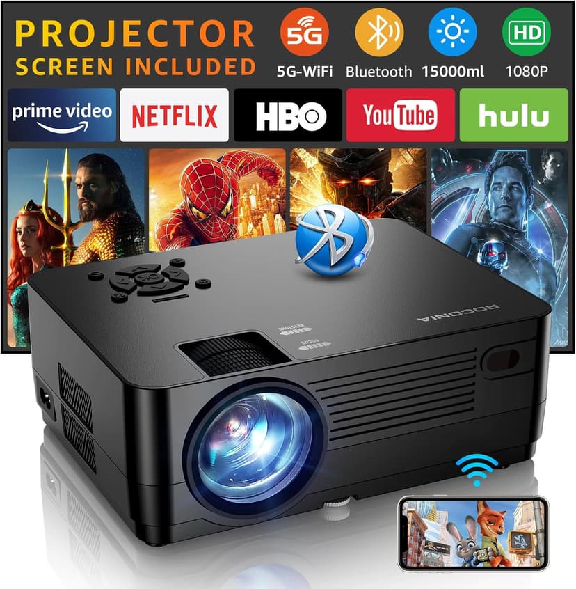 Projector with 5G WiFi and Bluetooth, Native 1080P Projector[Projector Screen Included], Full HD 18000LM Movie Projector, 300" Display Support 4k Home Theater, Compatible with Phone/Laptop/TV Stick