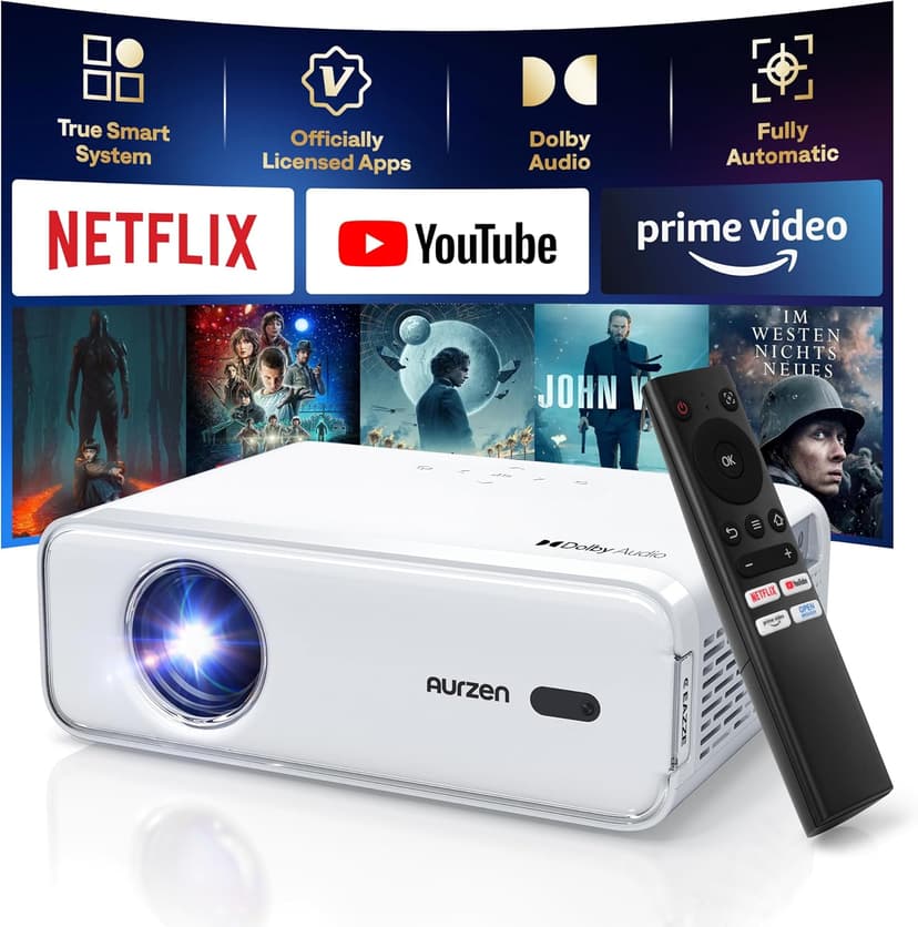 Aurzen EAZZE D1 Smart Projector with WiFi and Bluetooth, Netflix-Officially-Licensed, Auto Focus & Keystone, DoIby Audio, Zoom, Native 1080P Movie, Portable Outdoor Mini Projector, White