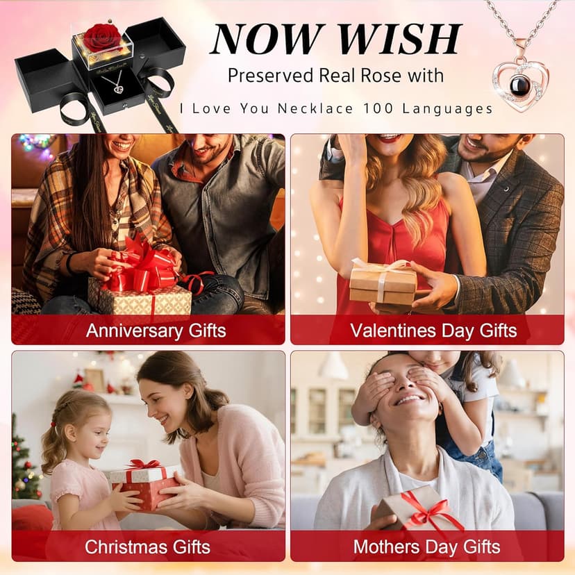 Light Up Preserved Red Rose Flower with Necklace,Birthday Gifts for Women,Christmas Rose Gifts for Her Mom Wife Grandma,Real Flower Mom Present for Women Christmas,Anniversary,Valentines