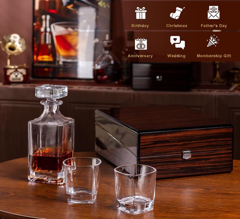 Premium Wood Gift Box w/Decanter Set - 2 Rock Glasses, Crystal Decanter, Bourbon, Whiskey, Gifts for Men, Dad, Father’s Day, Birthday, Weddings, Groomsman, Gift Ideas