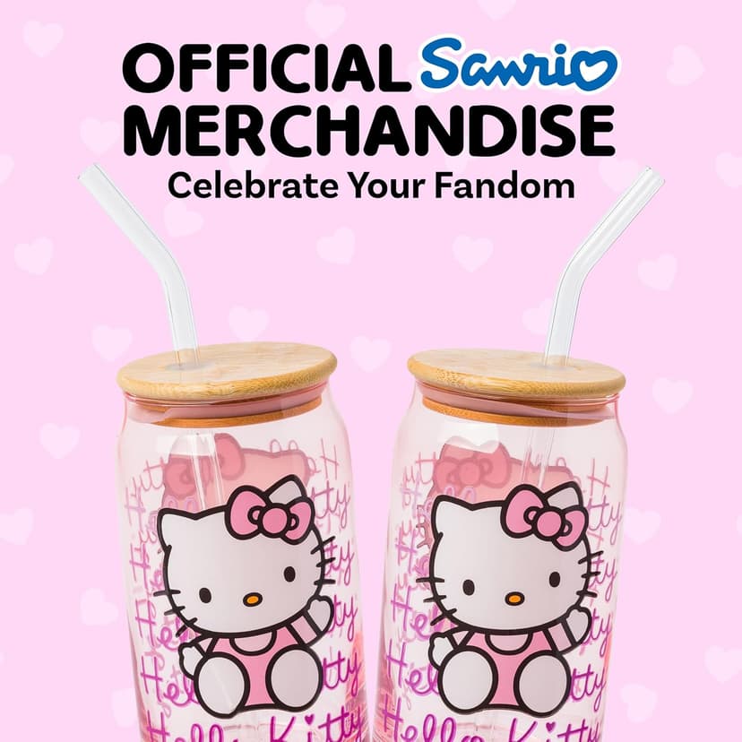 Silver Buffalo Sanrio Hello Kitty Waving Pink Glass Jar Tumbler with Bamboo Lid and Glass Straw, 16 Ounces