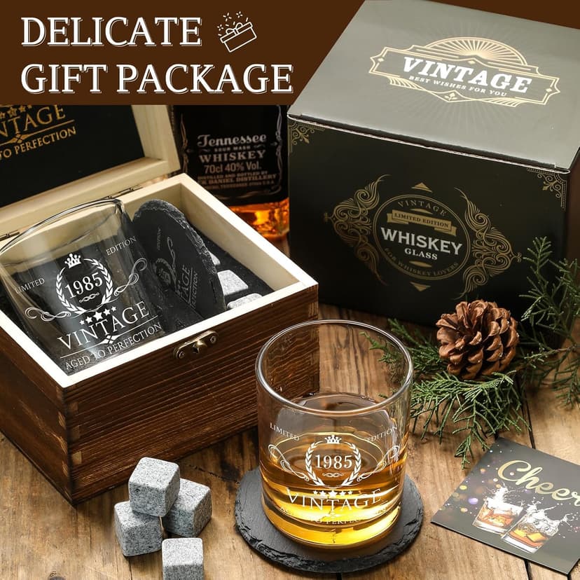 40th Birthday Gifts for Men Whiskey Glass Set - 40th Birthday Decorations, Party Supplies - 40 Year Anniversary, Bday Gifts Ideas for Him, Dad, Husband, Friends - Wood Box & Whiskey Stones & Coaster