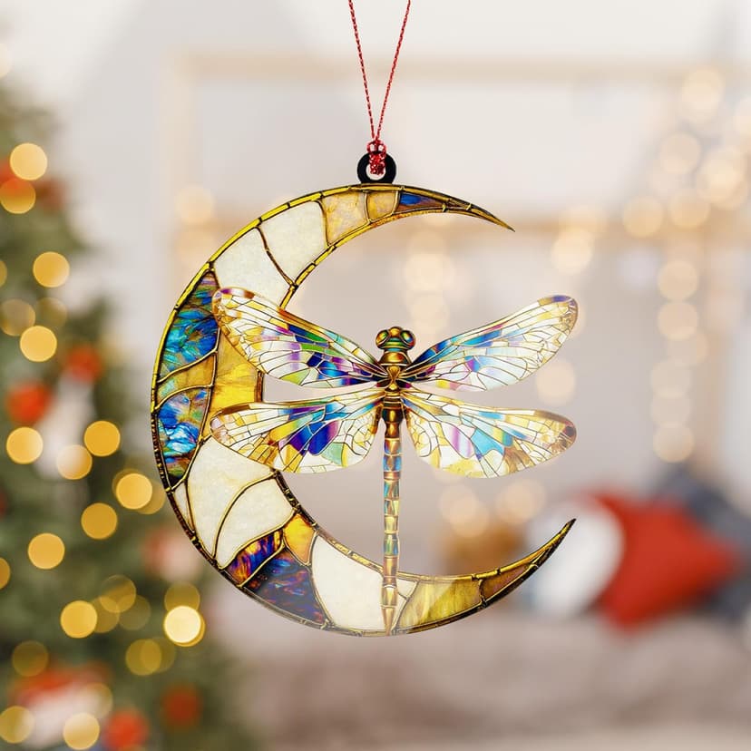 Dragonfly Gifts for Women, Dragonfly Moon Ornament, Christmas Ornaments for Tree, Dangling Moon Decor, Gift Exchange Idea, Hanging Car Charm, Ornaments for Window Home Car Decor