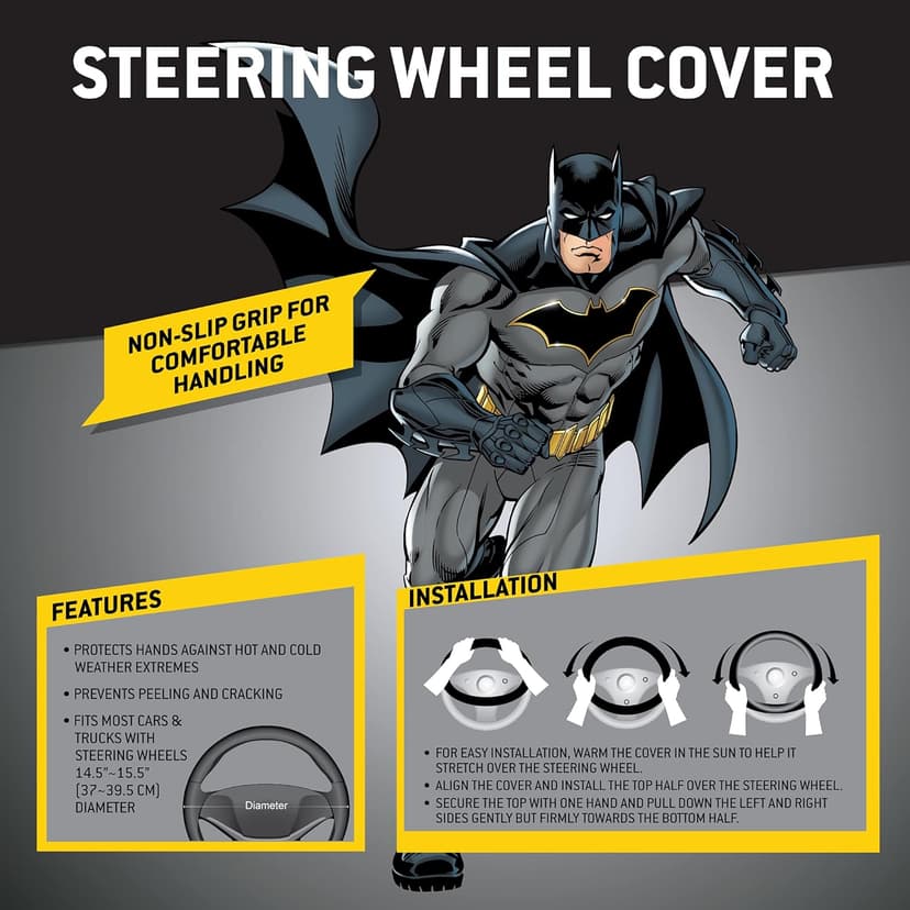 BDK Warner Bros DC Comics Batman Steering Wheel Cover - Ergonomic Grip, Universal Size 14.5-15.5 in, Protects and Insulates Your Wheel, Car Accessories for Car, Truck, Van, SUV