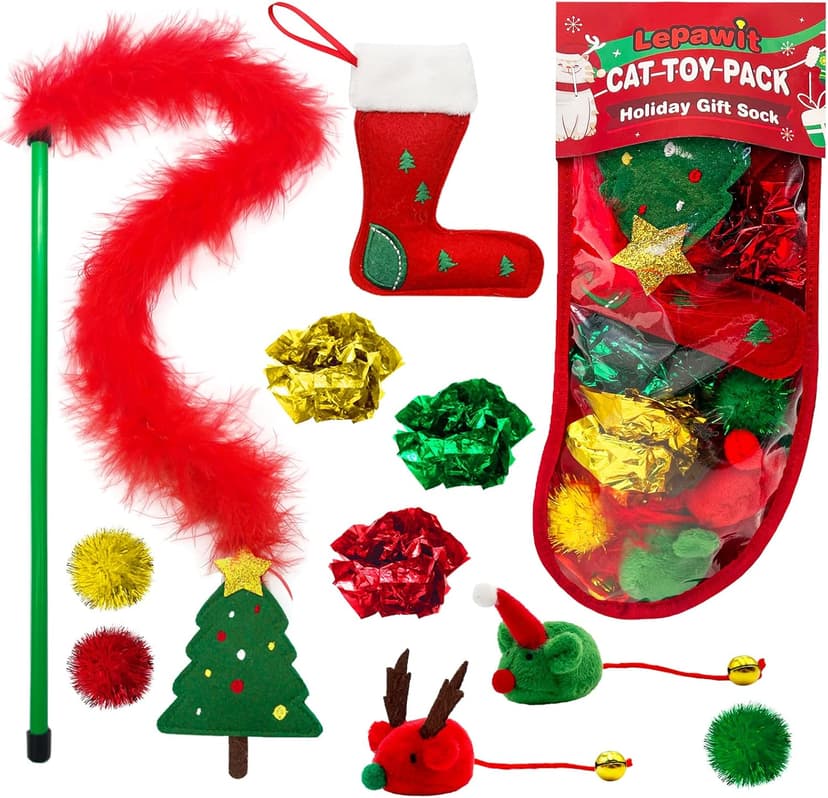 Cat Christmas Stocking, 10 Pack Gifts for Christmas, Interactive Feather Toy with Catnip, Cat Ball Toys, Crinkle Balls, Mice Toys for Indoor Cats & Kitten