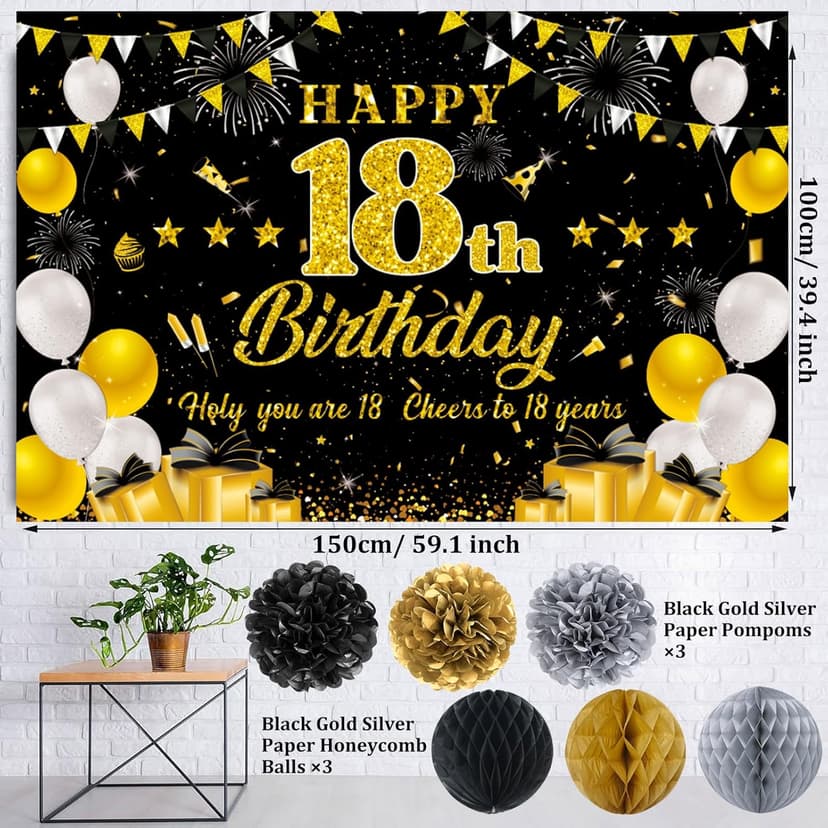 18th Birthday Decorations for Boys Girls, Black Gold Happy 18th Birthday Party Decorations, Time To Adult Birthday Banner, Backdrop, Balloons, Hanging Swirls, BIrthday Cards, Cake Topper, Pompom 52pcs