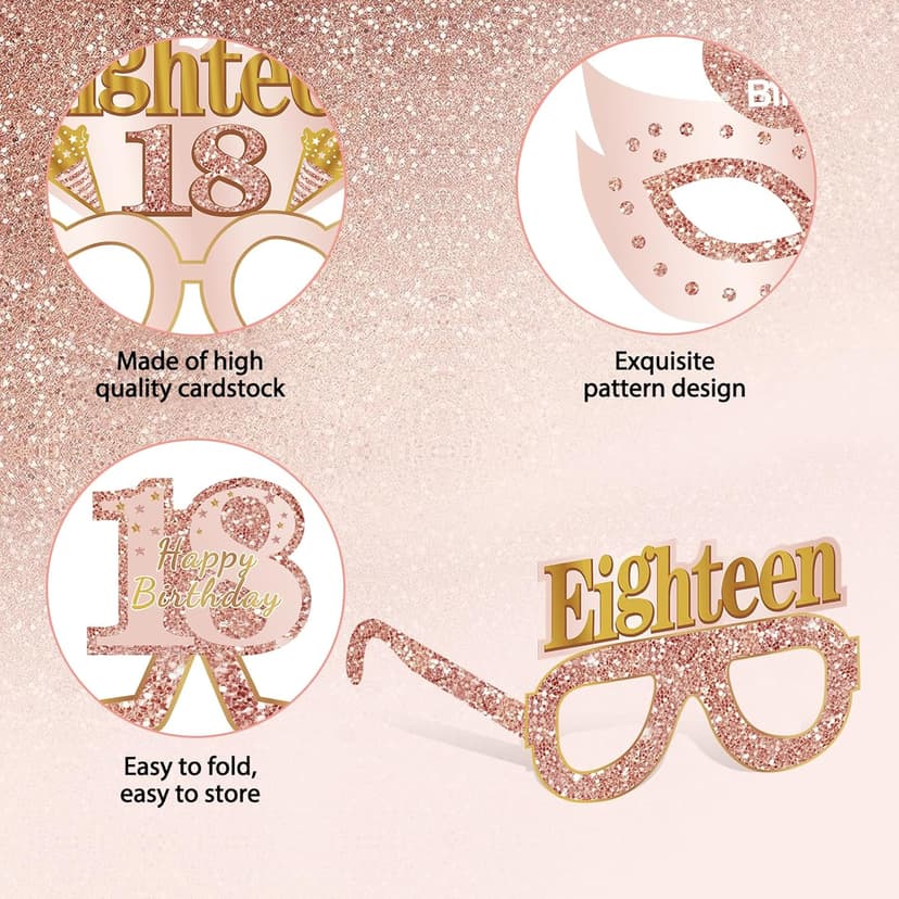 24PCS 18th Birthday Eyeglasses Decorations for Girls, Pink Rose Gold Happy 18th Birthday Paper Eyeglasses Party Supplies, Eighteen Year Old Bday Glasses Decor