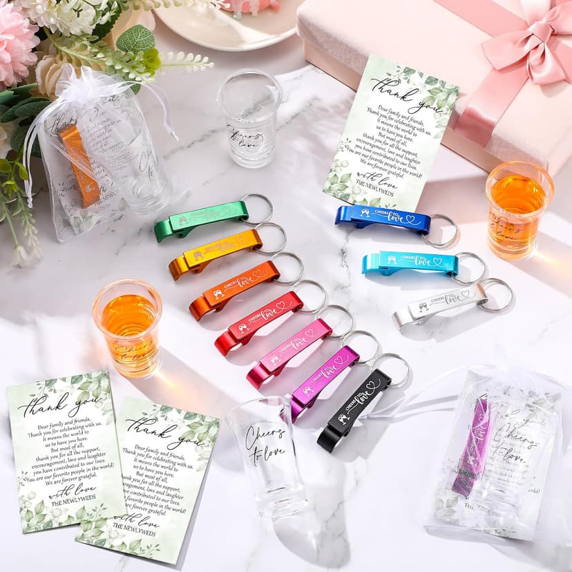 200 Pcs 50 Sets Wedding Favors for Guest Bulk 2 oz Cheers to Love Acrylic Shot Glasses Wedding Bottle Openers with Thank You Cards Bags for Guest Souvenirs Gifts Newlyweds Bridal Shower