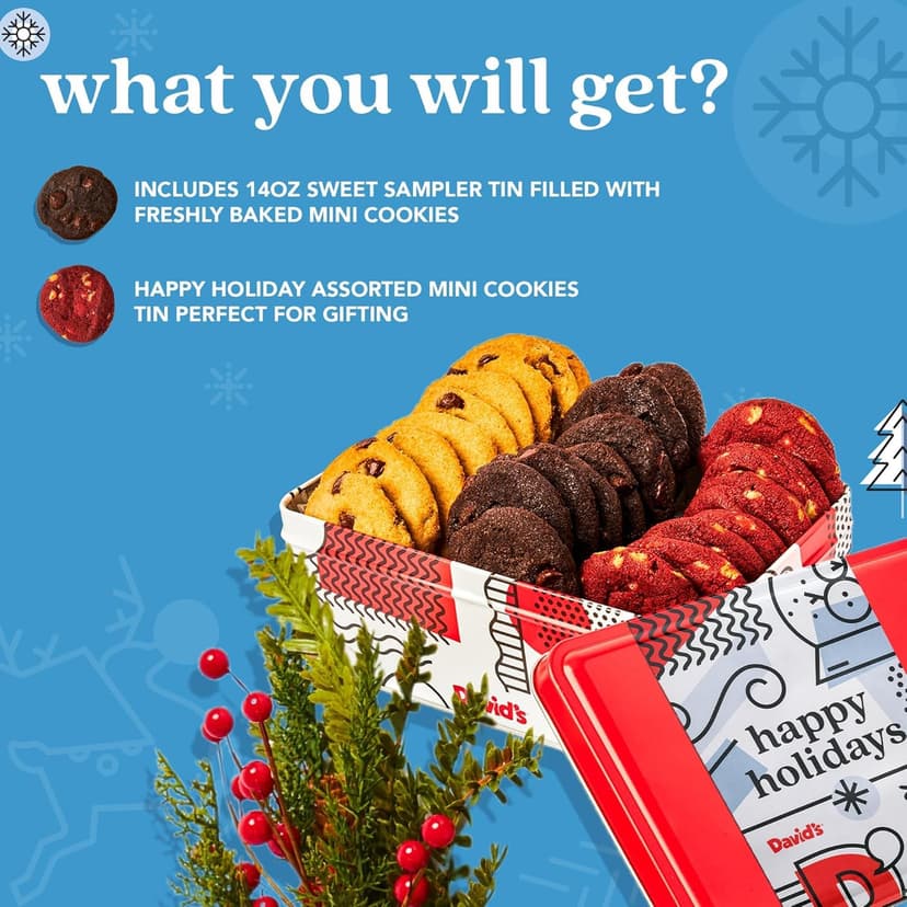 David's Cookies Happy Holidays Mini Cookies in Sweet Sampler Tin - Assorted Mini Christmas Cookies with Chocolate & White Chocolate Chip and Red Velvet - Gourmet Cookie Gift Basket for Christmas 14oz