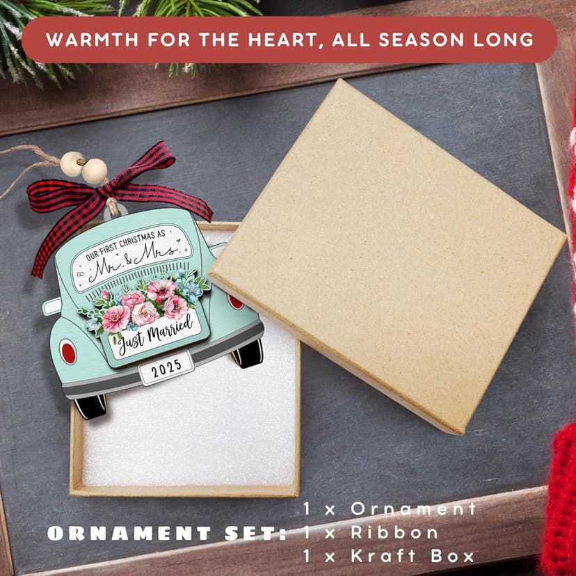 TUMSHANIP First Christmas Married Ornament 2025 - Wedding Ornaments - Wedding Gifts for Couples 2025, Newlyweds, Bride - Mr and Mrs Gifts - Just Married Couple Gift - Wood Ornament