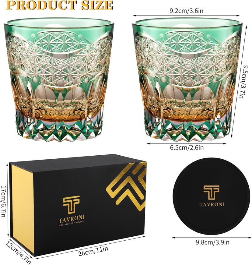 Edo Kiriko Whiskey Glasses Set of 2 - Japanese Art Glass Tumblers, Luxury Gift for Couples, Weddings, Anniversary, Perfect for Home Bar & Special Occasions, Crystal Barware with Gift Box