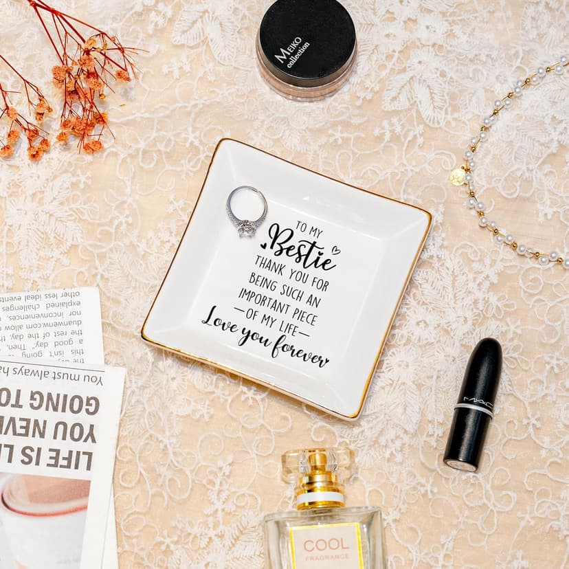 PUDDING CABIN Bestie Gifts for Women Thank you for being such an important piece of my life Ceramic Jewelry Dish for Rings Earrings, Friend Birthday Gifts for Women Female Bff Soul Sister Work Bestie