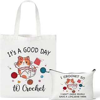 Y1tvei Cartoon Cat Canvas Bags - 2Pcs It’s A Good Day to Crochet Canvas Tote Bag Makeup Pouch, Reusable Grocery Folding Shopping Handbag, Knitting Crocheting Funny Gifts for Knitter Crocheters Women