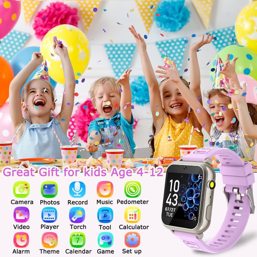 Kids Smart Watches Girls Gift for Girls Age 6-12, 24 Puzzle Games HD Touch Screen Kids Watch with Video Camera Music Player Pedometer Flashlight 12/24 hr Toys for 7 8 9 10 11 12 Year Old Girl Boys
