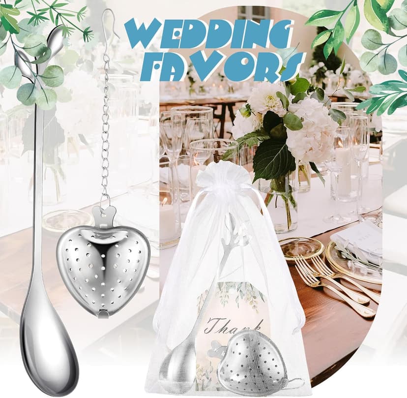 25 Sets Bridal Shower Tea Party Favor for Guest Leaf Tea Spoon Heart Shape Infuser Ball for Loose with Thank You Card Organza Bag Wedding Souvenir Gift(Silver)