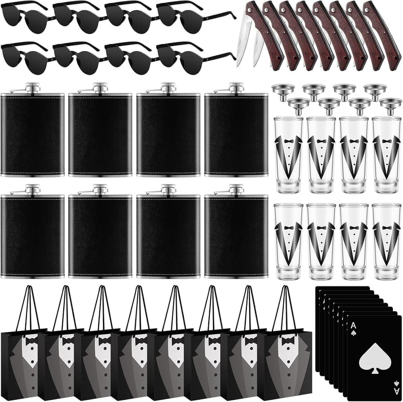 Tioncy 48 Pcs Groomsmen Proposal Gift 8 Engraved Pocket Knife 8 Groomsmen Gift Bags 8 Shot Glasses with Tuxedos 8 Stainless Steel Hip Flask 8 Poker Card Bottle Opener 8 Sunglasses