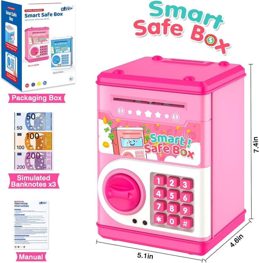 Pink Piggy Bank for Kids with Password Code Lock and Auto Grab Bill Slot, PhilaeEC Real Money Cash Coin Can Saving Box Electronic Money Safe Bank, Hot Gift for 4 7 8 9 10 11 Year Old Boys Girls