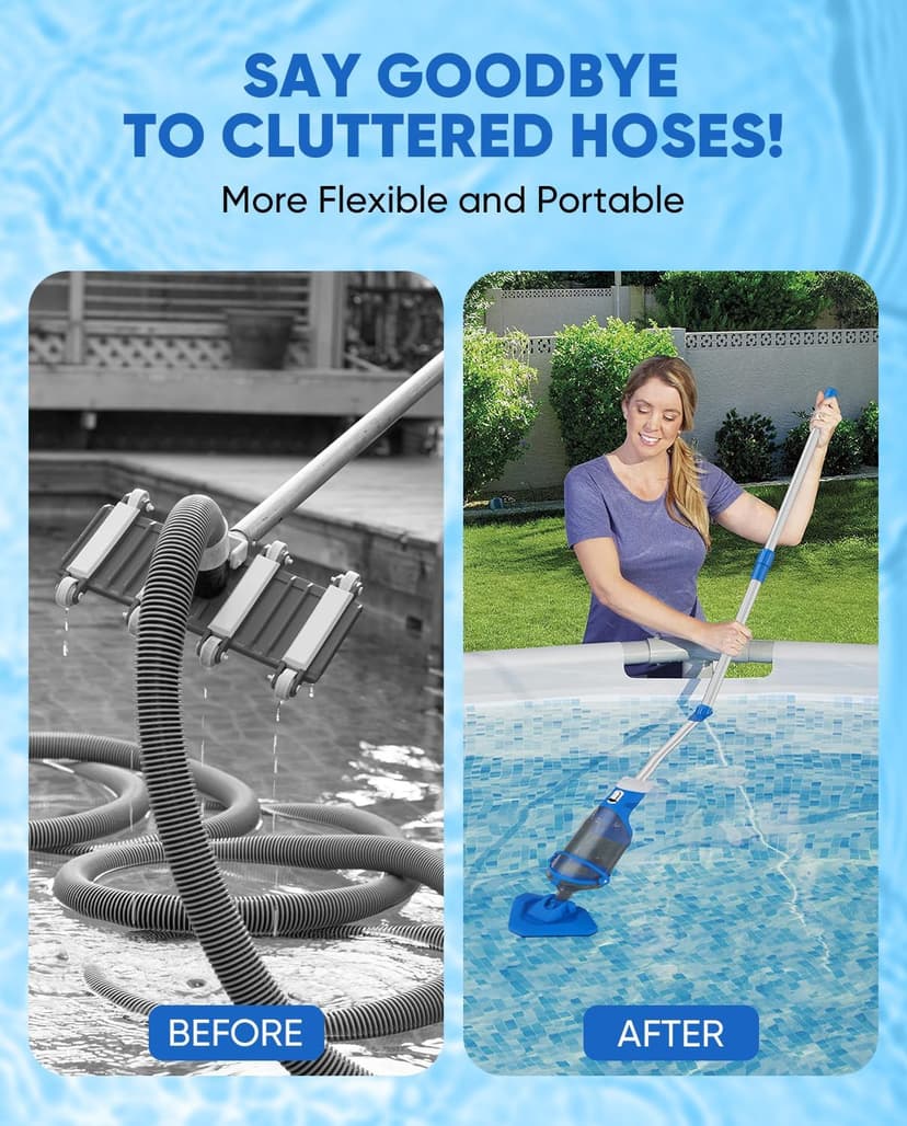 Cordless Pool Vacuum with Telescopic Pole, 18.5 GPM Powerful Suction, 1.5H Supercharge Technology, Handheld Rechargeable Pool Vacuum Cleaner for Above Ground/Inground Pools, Hot Tubs, Spas