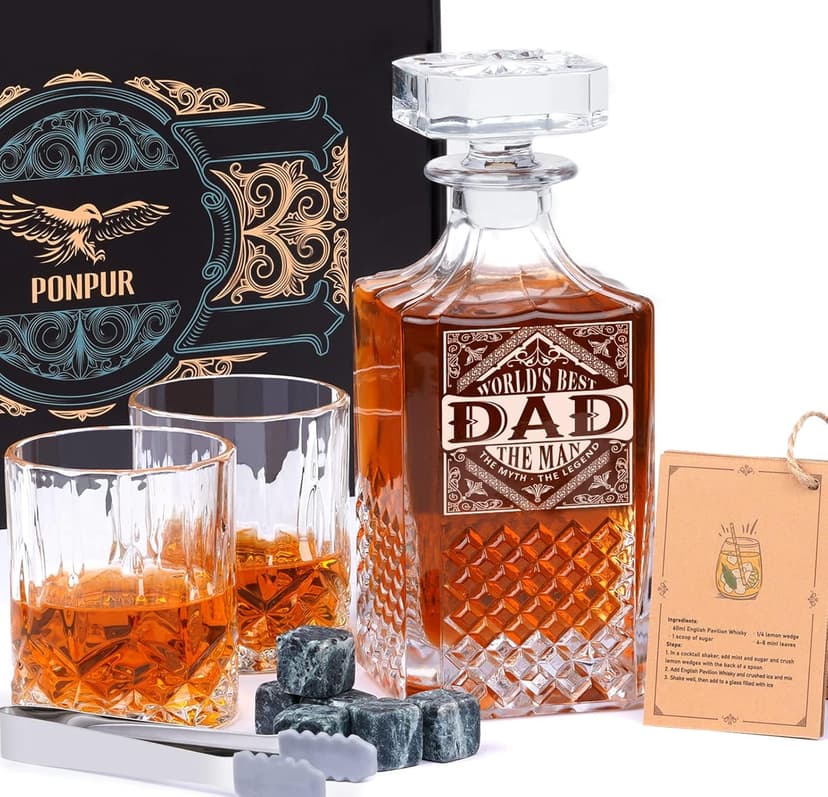 PONPUR Gifts for Men Dad Stocking Stuffers, Whiskey Decanter Set with 2 Glasses, Unique Cool Dad Birthday Gift from Daughter Son, Best Christmas Retirement Present for Man Father