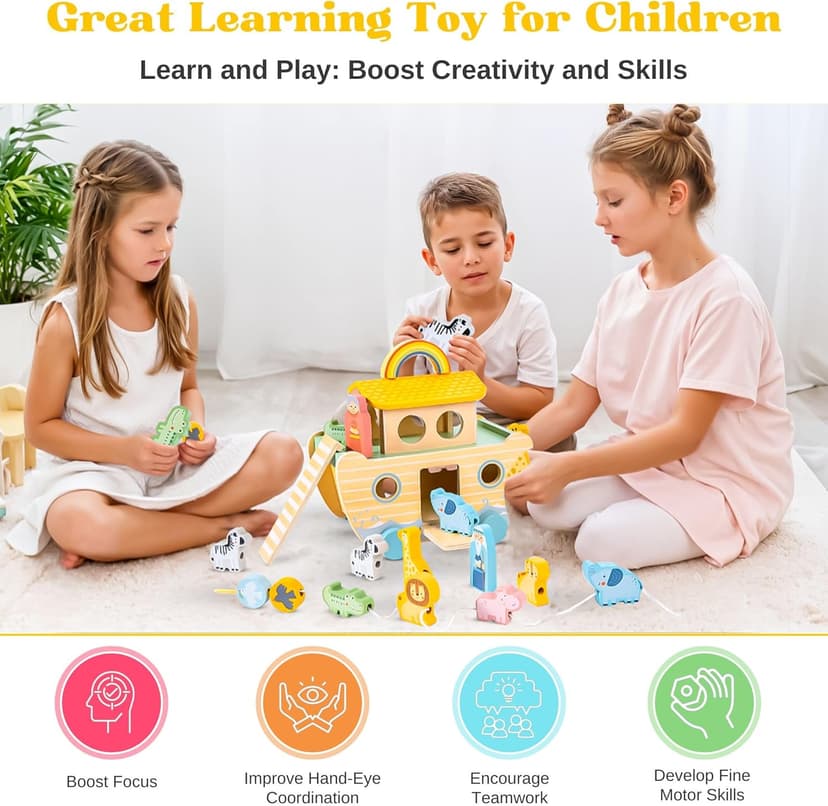 Wooden Noah’s Ark Toy - Baptism Gifts for Baby Girl, Boys & Kids | Fun Colorful Christening & Baptismal Gifts for Boys & Girls | Christian & Catholic Baby Gifts | Noahs Ark Toys for Toddlers from 2
