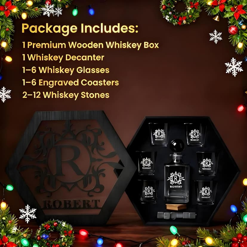 Personalized Whiskey Decanter Set for Men Home Bar Custom Liquor Decanters Wooden Box Whiskey Glasses Set Gifts for Husband Dad Men Cave Christmas Birthday Anniversary Valentine‘s Day