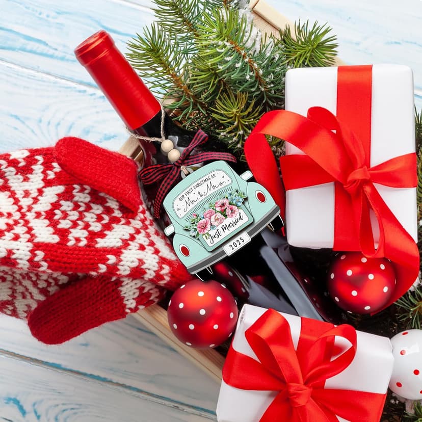 TUMSHANIP First Christmas Married Ornament 2025 - Wedding Ornaments - Wedding Gifts for Couples 2025, Newlyweds, Bride - Mr and Mrs Gifts - Just Married Couple Gift - Wood Ornament