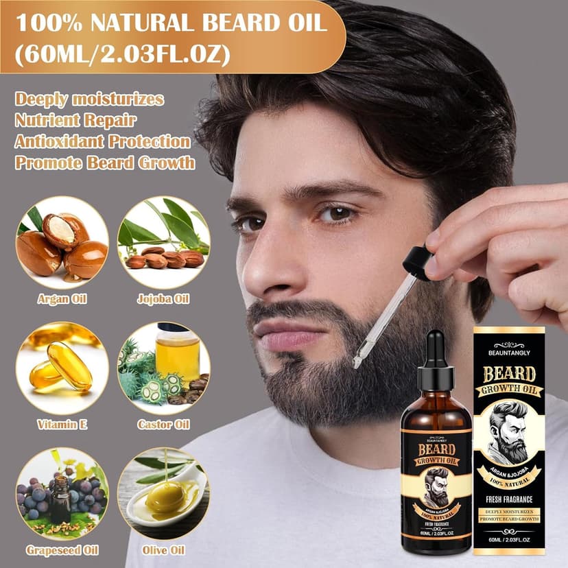 Beard Growth Kit, Grooming Set w/Growth Oil, Conditioner, Balm, Shampoo Wash, 0.25MM Roller, Brush, Comb, Scissor, Bag, Christmas Birthday Valentines Day Gifts for Him Men