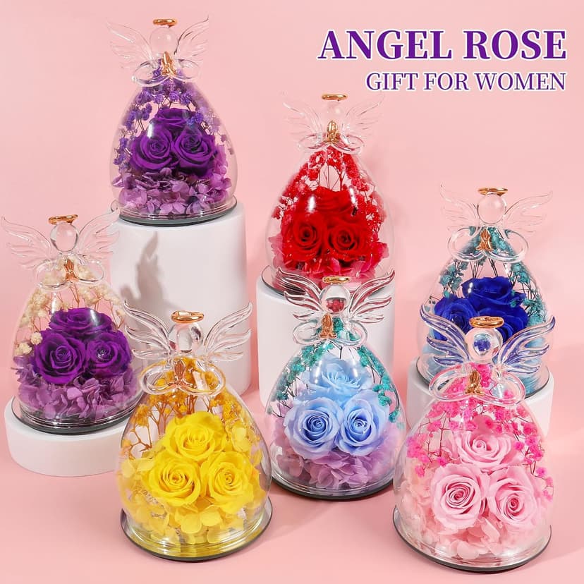 Beferr Birthday Gifts for Women Mom Fresh Flowers for Delivery Prime Forever Preserved Rose in Glass Angel Figurine for Grandma Sister Daughter Wife