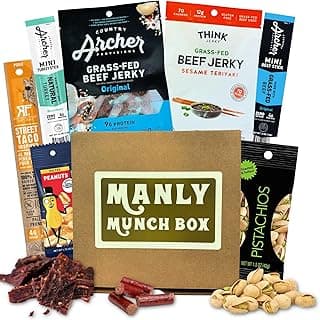Manly Munch Box Jerky Gift Box, Curated Assortment of High Protein Snacks, Beef & Turkey Jerky Variety Pack Gift Set, Exotic Meat Gift for Men & Women